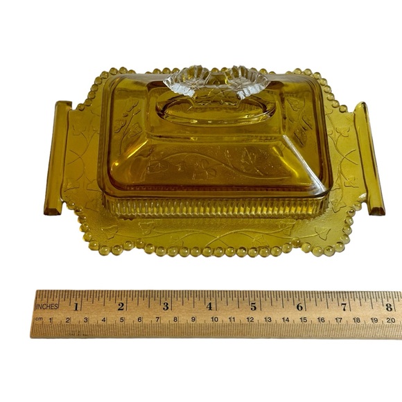 Antique Honey Dish Lid Yellow Glass Co-Operative Flint 1800s Leaf Pattern Pot - Picture 6 of 13